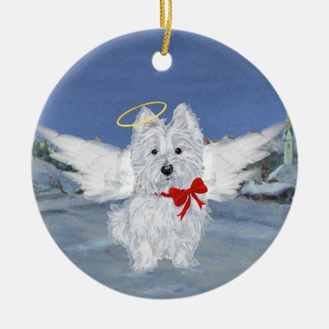 Ornamento De Cerâmica Anjo de Natal Westie (Frente)