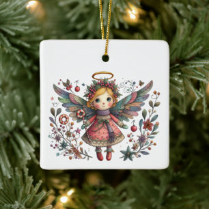 Ornamento De Cerâmica Anjo de Natal Whimsical com Asas Multicolores
