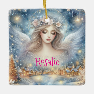 Ornamento De Cerâmica Anjo de Neve de Gelo Etéreo de Aquarela Azul Festi