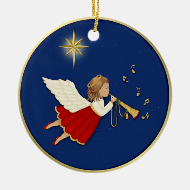 Ornamento De Cerâmica Anjo de Trompete e Estrela de Natal (Frente)