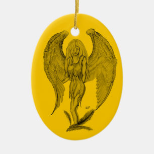 Ornamento De Cerâmica Anjo Desenho preto e amarelo