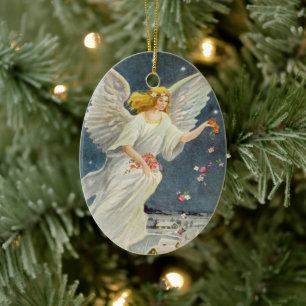 Ornamento De Cerâmica Anjo do Victorian do natal vintage com rosas das