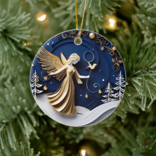 Ornamento De Cerâmica Anjo Dourado de Inverno em Quilled-Art
