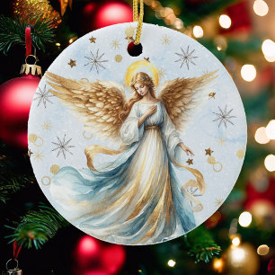 Ornamento De Cerâmica Anjo Natal Dourado Blue Watercolor
