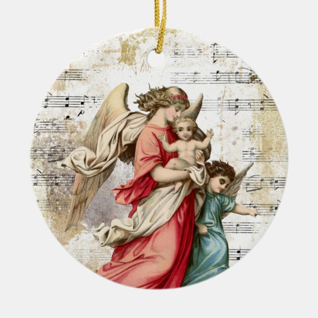 Ornamento De Cerâmica Anjo Natal Wings Música Dourada Criança Religiosa (Frente)