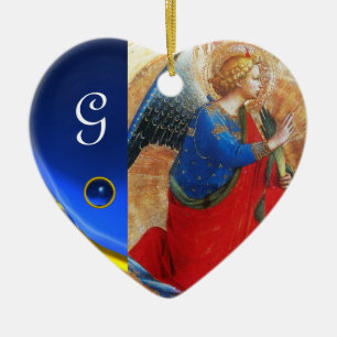 Ornamento De Cerâmica ANJO no monograma VERMELHO E AZUL DOURADO de pedra