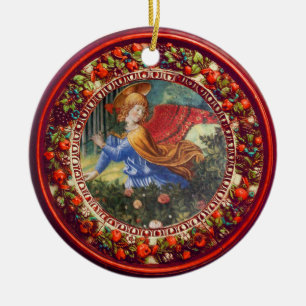 Ornamento De Cerâmica Anjo que recolhe o Natal floral vermelho da coroa