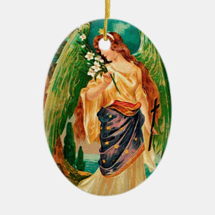 Ornamento De Cerâmica Anjo segurando um galho floral