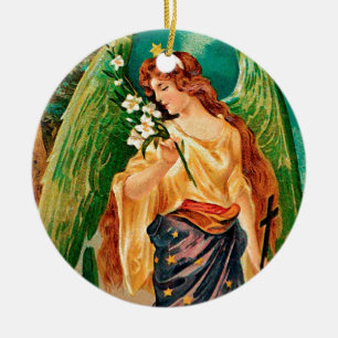 Ornamento De Cerâmica Anjo segurando um galho floral