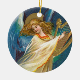 Ornamento De Cerâmica Anjo Tocando Música Em Uma Harpa