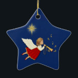 Ornamento De Cerâmica Anjo Trumpet<br><div class="desc">Céu noturno com estrelas brilhando ao fundo. Anjo com trompete de ouro e notas de música</div>