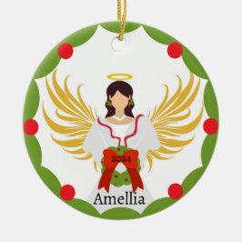 Ornamento De Cerâmica Anjo Vermelho Verde Holly Wreath do Natal Moderno