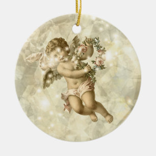 Ornamento De Cerâmica Anjo Vintage Brilhante em Dourado V3 ID136