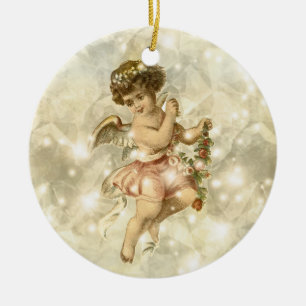 Ornamento De Cerâmica Anjo Vintage Glitter Dourado V2 ID136