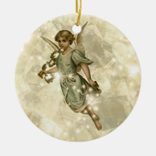 Ornamento De Cerâmica Anjo Vintage Glitterando Ouro V4 ID136