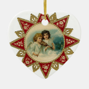 ORNAMENTO DE CERÂMICA ANJOS DA MÚSICA NO CORAÇÃO BRANCO