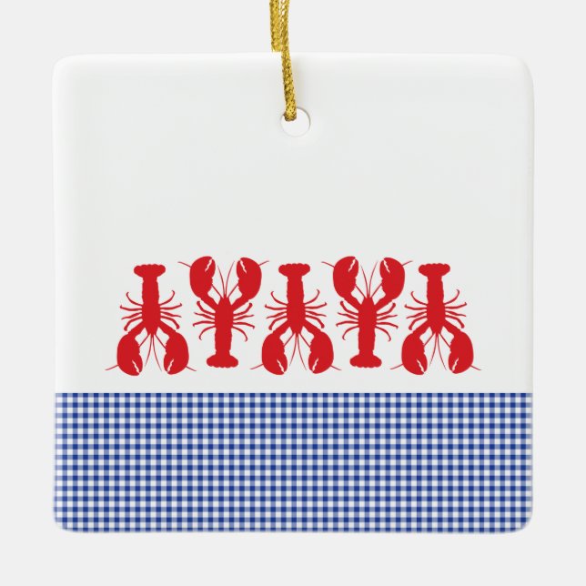 Ornamento De Cerâmica Ano da Reunião da Família Gingham White, Azul, Lag (Frente)