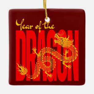 Ornamento De Cerâmica Ano do Dragão Vermelho Dourado