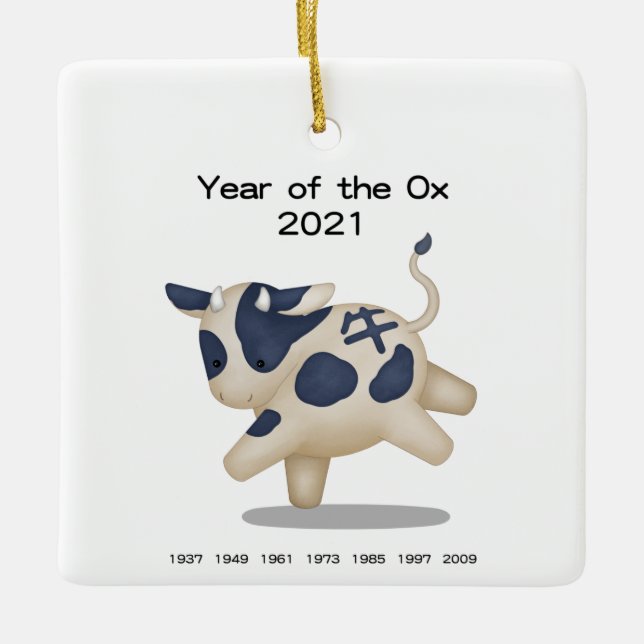 Ornamento De Cerâmica Ano do Ox Cute Zodiac Animal 2021 (Frente)