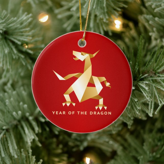 Ornamento De Cerâmica Ano Dourado do Dragão em Vermelho 2012 (Árvore)