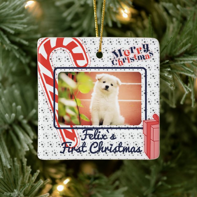 Ornamento De Cerâmica Ano fotográfico do nome personalizado do Primeiro  (Árvore)