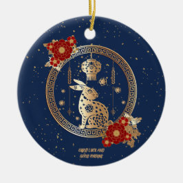 Ornamento De Cerâmica Ano Novo Chinês do Coelho 2023 Azul Dourado Floral