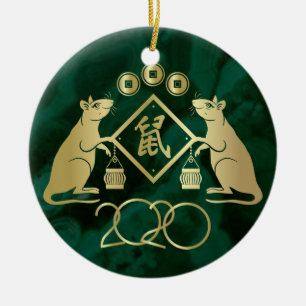Ornamento De Cerâmica Ano Novo Chinês do Rato - Malachita e Dourado