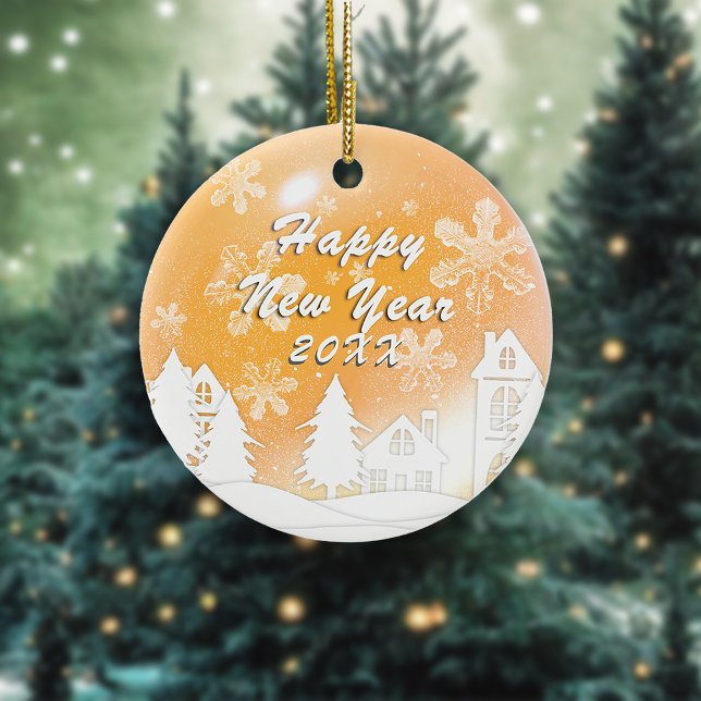 Ornamento De Cerâmica Ano Novo de Natal da Casa Branca Dourada (Criador carregado)