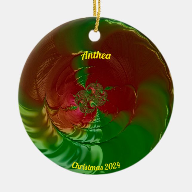 Ornamento De Cerâmica ANTHEA ~ Glossy Vermelho e Verde Natal 2024 (Frente)