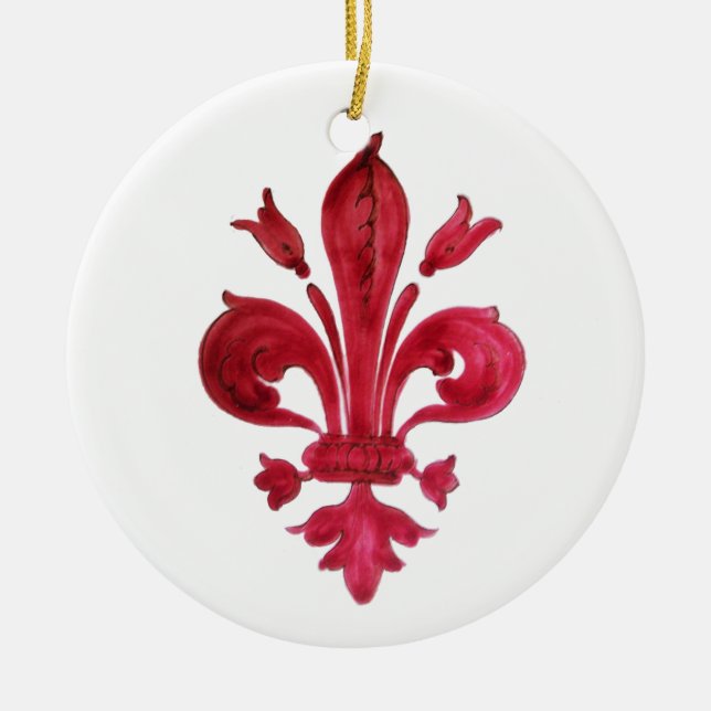 ORNAMENTO DE CERÂMICA ANTIGO VERMELHO FLEUR DE LIS EM BRANCO FLORAL HERÁ (Frente)