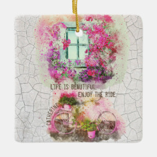 Ornamento De Cerâmica Aproveite o passeio Bicicleta De Aquarela Com Fl