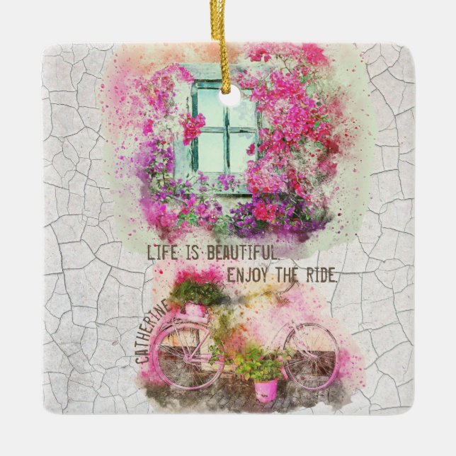 Ornamento De Cerâmica Aproveite o passeio | Bicicleta De Aquarela Com Fl (Frente)