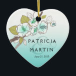 Ornamento De Cerâmica Aqua de florescência da foto das flores de<br><div class="desc">Estas "flores de cerejeira de florescência macias e bonito" coração-deram forma ao ornamento da foto são a ornamentação perfeita para sua primeira árvore de Natal ou como um presente do favor a seus convidados do casamento. Use a laranja "personalizam-na" botão acima para personalizar este ornamento com seus próprios texto &...</div>