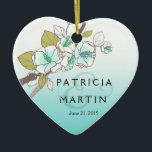 Ornamento De Cerâmica Aqua de florescência da foto das flores de<br><div class="desc">Estas "flores de cerejeira de florescência macias e bonito" coração-deram forma ao ornamento da foto são a ornamentação perfeita para sua primeira árvore de Natal ou como um presente do favor a seus convidados do casamento. Use a laranja "personalizam-na" botão acima para personalizar este ornamento com seus próprios texto &...</div>