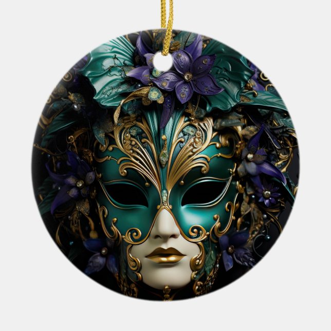 Ornamento De Cerâmica Aqua Mascarada Máscaras Mardi Gras Drama (Frente)