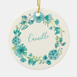 Ornamento De Cerâmica Aqua Sea Green Floral Wreath Personalizado