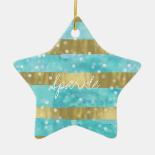 Ornamento De Cerâmica Aqua Watercolor Dourada Stripes Bokeh Sparkle