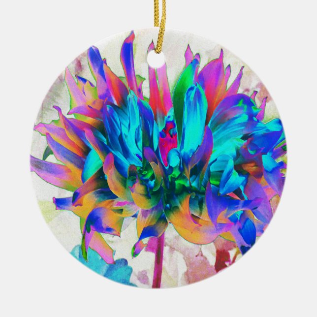 Ornamento De Cerâmica Aquarela Atormentada Rainbow Cactus Dahlia (Frente)