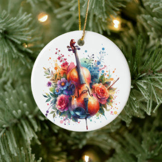 Ornamento De Cerâmica Aquarela Cello e Flores Personalizadas