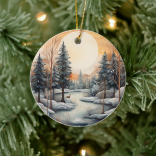 Ornamento De Cerâmica aquarela Cena de inverno adicionar mensagem Natal