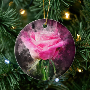 Ornamento De Cerâmica Aquarela de Rosa Rosa em Fundo Preto