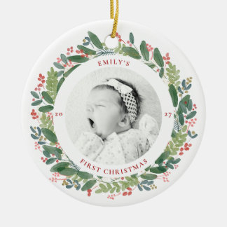 Ornamento De Cerâmica Aquarela do Primeiro Natal do Bebê