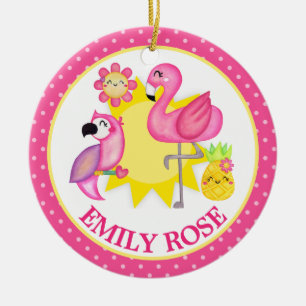 Ornamento De Cerâmica Aquarela Flamingo e Papagaio de Verão Tropical 