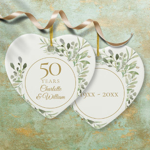 Ornamento De Cerâmica Aquarela Folhas 50º Aniversário de Casamento