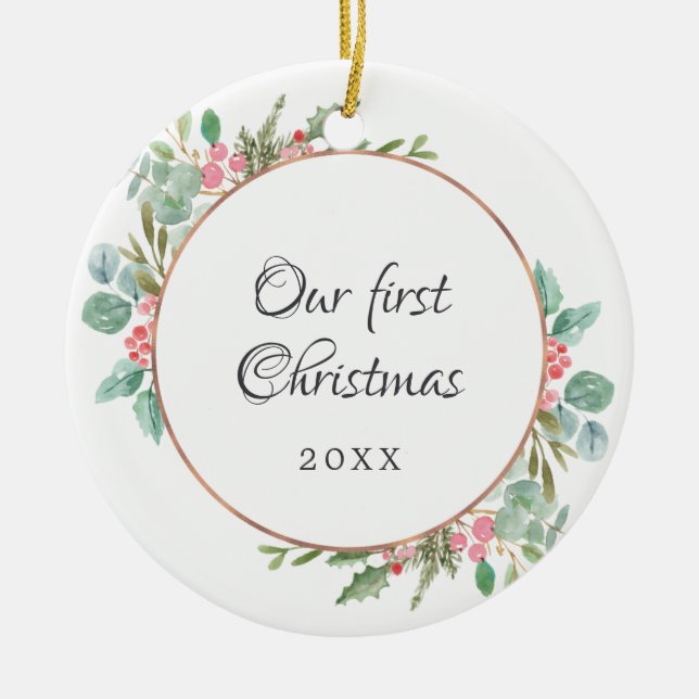 Ornamento De Cerâmica Aquarela Geométrica Nossa Primeira Foto De Natal (Frente)