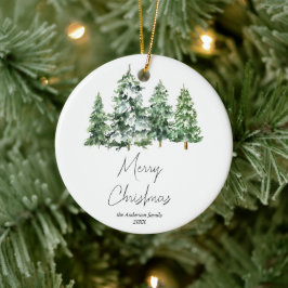 Ornamento De Cerâmica Aquarela Inverno Pinheiros de Neve Feliz Natal