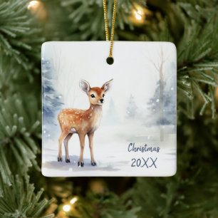 Ornamento De Cerâmica Aquarela Natal Inverno Corça