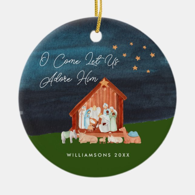 Ornamento De Cerâmica Aquarela Natividade Adora-O Escritura Religiosa (Frente)