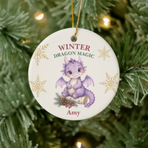 Ornamento De Cerâmica Aquarela Personalizada do Dragão Mágico de Inverno
