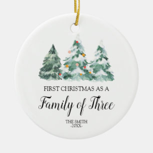 Ornamento De Cerâmica Aquarela Pinheiros Natal Família de três